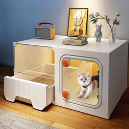 Modern White Cat House & Litter Box Enclosure With Tray, Removable & Washable, For Kittens & Small Cats - thumbnail 3