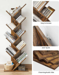 Tree Bookshelf, 8-Tier Floor Standing Bookcase, With Wooden Shelves For Living Room, Home Office, Rustic Brown - thumbnail 6