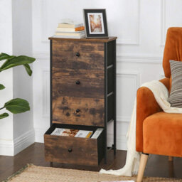 Bedroom Storage Dresser, Fabric Drawer Unit, Tall Metal Frame Chest, Closet Organizer, Rustic Brown And Ink Black - thumbnail 3