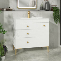 Royal Bathrooms Verona 800mm Gloss White Floor Standing Vanity Unit 3 Drawer & Side Pull Out Storage Ceramic Basin - Brass Knob - thumbnail 1