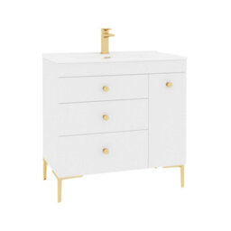 Royal Bathrooms Verona 800mm Gloss White Floor Standing Vanity Unit 3 Drawer & Side Pull Out Storage Ceramic Basin - Brass Knob - thumbnail 6