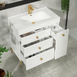 Royal Bathrooms Verona 800mm Gloss White Floor Standing Vanity Unit 3 Drawer & Side Pull Out Storage Ceramic Basin - Brass Knob - thumbnail 5