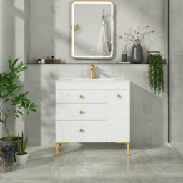 Royal Bathrooms Verona 800mm Gloss White Floor Standing Vanity Unit 3 Drawer & Side Pull Out Storage Ceramic Basin - Brass Knob - thumbnail 4