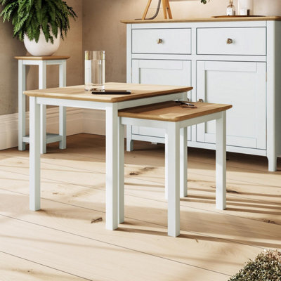 FWSTYLE Oak Nest Of 2 Tables Cream Linen Ready Assembled - image 1