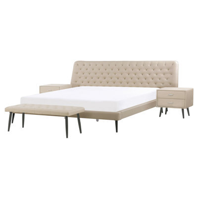 Beliani Bedroom Set Faux Leather Essonne 160 X 200 Cm (Eu King Size) Beige - image 1