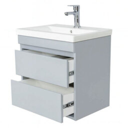 D Pro T Bathrooms 600mm Vanity Unit Gloss Light Grey Wall Hung Bathroom Cabinet With Soft Close Storage & Ceramic Basin - thumbnail 4