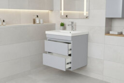 D Pro T Bathrooms 600mm Vanity Unit Gloss Light Grey Wall Hung Bathroom Cabinet With Soft Close Storage & Ceramic Basin - thumbnail 2