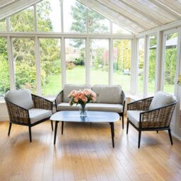 Sh&g Bolingbroke 4 Seat Garden Furniture Set - 4 Piece Table, Sofa & Chairs - Aluminium & Brown Rattan With Beige Cushions - thumbnail 5