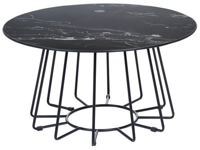 Beliani Home 80Cm Round Coffee Table, Marble-Effect Tempered Glass Top, Black Metal Base - image 1