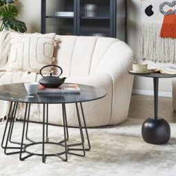 Beliani Home 80Cm Round Coffee Table, Marble-Effect Tempered Glass Top, Black Metal Base - thumbnail 2