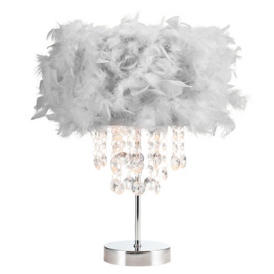 Happy Homewares Chandelier Style Soft Grey Feather Table Lamp With Waterfall Drops - image 1