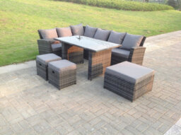Fimous 9 Seater High Back Rattan Garden Furniture Set Corner Sofa With Black Tempered Dining Table 3 Footstool - thumbnail 2