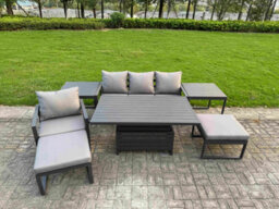 Fimous 7-Piece Aluminium Garden Furniture Sets 6 Seater Outdoor Dining Set With Adjustable Rising Lifting Dining Table Side Table - thumbnail 2