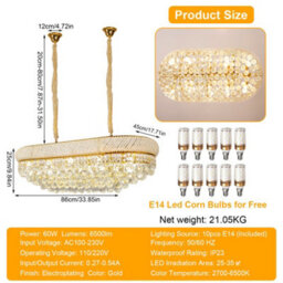 Vrygle 86Cm Oval Crystal Chandeliers 10 Lights Adjustable Height Crystal Ceiling Light Fixture For Kitchen Island - thumbnail 2