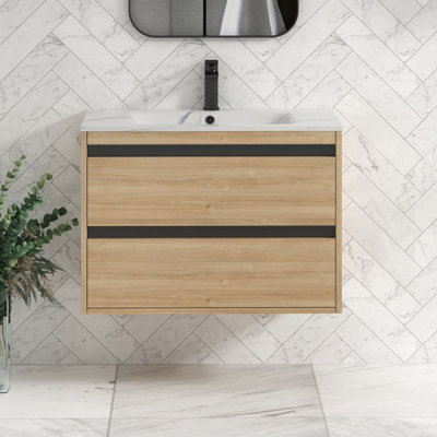 Royal Bathrooms Orion 800mm Natural Oak 2 Drawer Wall Hung Bathroom Vanity Unit With Carrara White Basin & Black Accent Trim - image 1