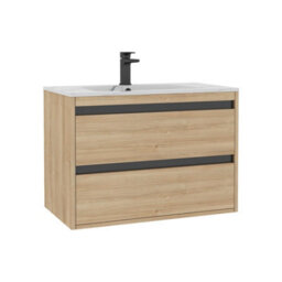 Royal Bathrooms Orion 800mm Natural Oak 2 Drawer Wall Hung Bathroom Vanity Unit With Carrara White Basin & Black Accent Trim - thumbnail 7