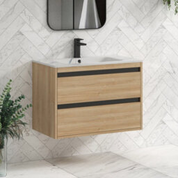 Royal Bathrooms Orion 800mm Natural Oak 2 Drawer Wall Hung Bathroom Vanity Unit With Carrara White Basin & Black Accent Trim - thumbnail 6