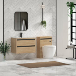 Royal Bathrooms Orion 800mm Natural Oak 2 Drawer Wall Hung Bathroom Vanity Unit With Carrara White Basin & Black Accent Trim - thumbnail 3
