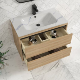Royal Bathrooms Orion 800mm Natural Oak 2 Drawer Wall Hung Bathroom Vanity Unit With Carrara White Basin & Black Accent Trim - thumbnail 4