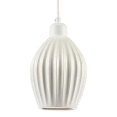 Happy Homewares Curvy White Gloss Ceramic Pendant Lamp Shade With Line Rippled Body - image 1