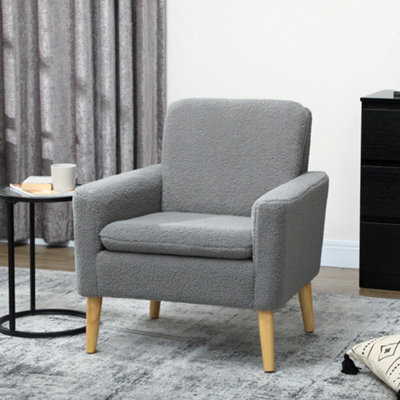 Homcom Modern Accent Chair With Wood Legs, Wide Seat, Teddy Armchair, Grey - image 1