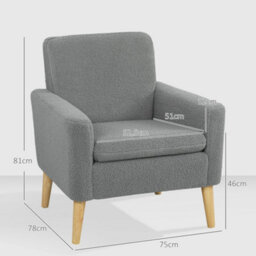 Homcom Modern Accent Chair With Wood Legs, Wide Seat, Teddy Armchair, Grey - thumbnail 3