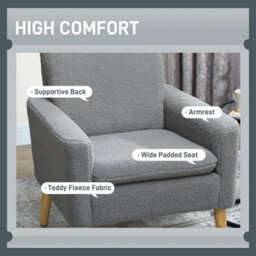 Homcom Modern Accent Chair With Wood Legs, Wide Seat, Teddy Armchair, Grey - thumbnail 4