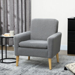 Homcom Modern Accent Chair With Wood Legs, Wide Seat, Teddy Armchair, Grey - thumbnail 1