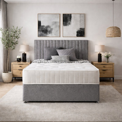 Comfy Deluxe Silver Linen  4Ft6  Double Divan Bed Set With Headboard And Mattress Storage 2  Drawers One Each Side - image 1