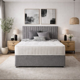 Comfy Deluxe Silver Linen  4Ft6  Double Divan Bed Set With Headboard And Mattress Storage 2  Drawers One Each Side
