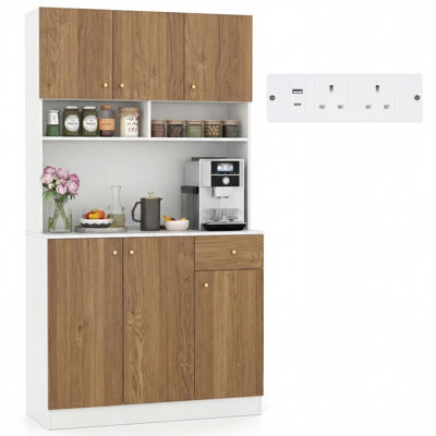 Costway 180Cm Tall Pantry Cabinet With Hutch Kitchen Buffet Cupboard With Outlets-Natural - image 1