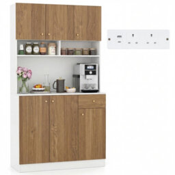 Costway 180Cm Tall Pantry Cabinet With Hutch Kitchen Buffet Cupboard With Outlets-Natural
