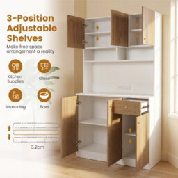 Costway 180Cm Tall Pantry Cabinet With Hutch Kitchen Buffet Cupboard With Outlets-Natural - thumbnail 5