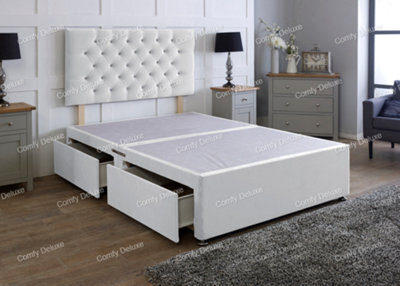 Comfy Deluxe 4Ft6 White   Plush   Double Divan Bed Base With Headboard 4 Drawers