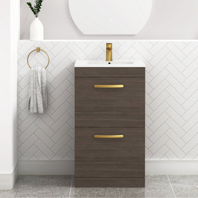 Royal Bathrooms Turin Grey Elm 500mm Floor Standing Vanity Unit 2 Drawer With Minimalist Basin Sink & Brushed Brass Handles - image 1