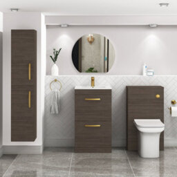 Royal Bathrooms Turin Grey Elm 500mm Floor Standing Vanity Unit 2 Drawer With Minimalist Basin Sink & Brushed Brass Handles - thumbnail 2