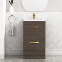 Royal Bathrooms Turin Grey Elm 500mm Floor Standing Vanity Unit 2 Drawer With Minimalist Basin Sink & Brushed Brass Handles