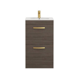 Royal Bathrooms Turin Grey Elm 500mm Floor Standing Vanity Unit 2 Drawer With Minimalist Basin Sink & Brushed Brass Handles - thumbnail 6