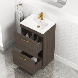 Royal Bathrooms Turin Grey Elm 500mm Floor Standing Vanity Unit 2 Drawer With Minimalist Basin Sink & Brushed Brass Handles - thumbnail 5