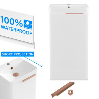 FNX Bathrooms Bathroom Cloakroom Vanity Unit Compact Basin Sink White 400mm Soft Close Cabinet - Brushed Copper Handle - image 1