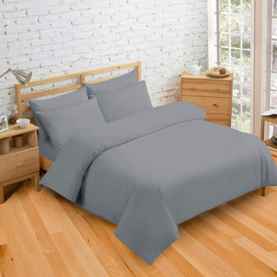 Velosso Plain Dyed Polycotton Duvet Cover Set With Button Enclosure, Easy Care, Machine Washable - Grey