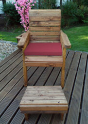 Charles Taylor Wooden Garden Chair Seat Lounger & Footstool & Red Cushion - thumbnail 1