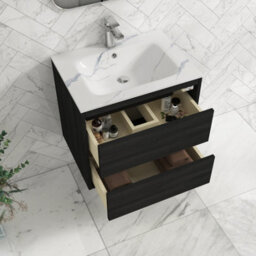 Royal Bathrooms Orion 600mm Wall Hung Bathroom Vanity Unit 2 Drawer Hale Black With Carrara White Basin & Chrome Accent Trim - thumbnail 5