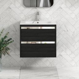 Royal Bathrooms Orion 600mm Wall Hung Bathroom Vanity Unit 2 Drawer Hale Black With Carrara White Basin & Chrome Accent Trim