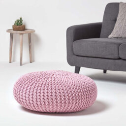 Homescapes Pastel Pink Large Round Cotton Knitted Pouffe Footstool - thumbnail 2