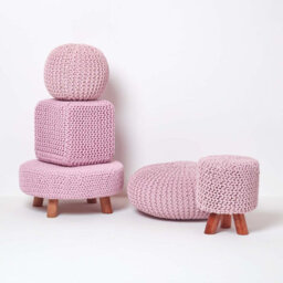 Homescapes Pastel Pink Large Round Cotton Knitted Pouffe Footstool - thumbnail 5