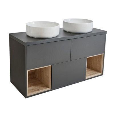 Homestylestore Black Grey 1200mm Wall Hung Bathroom Vanity Unit With 2 Countertop Round Basins - image 1
