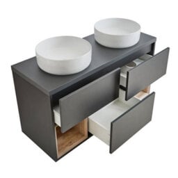 Homestylestore Black Grey 1200mm Wall Hung Bathroom Vanity Unit With 2 Countertop Round Basins - thumbnail 2