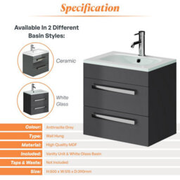 Plum&clay Novela Anthracite Grey Wall Hung Vanity Unit With Glass Basin Bathroom Furniture (W)515mm - thumbnail 4
