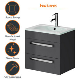 Plum&clay Novela Anthracite Grey Wall Hung Vanity Unit With Glass Basin Bathroom Furniture (W)515mm - thumbnail 5